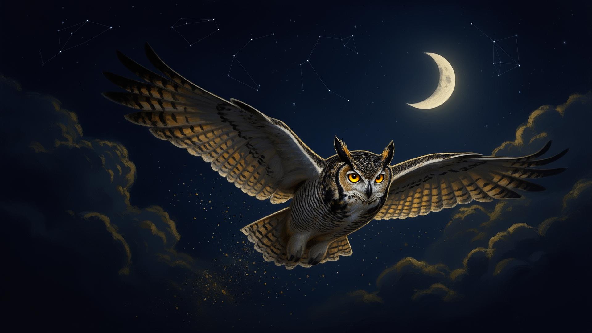 Psyrion — owl flying through moonlit night sky